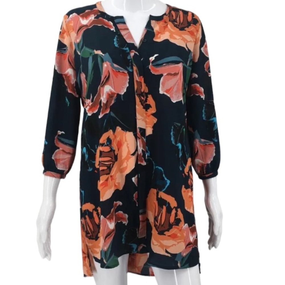 C&E Women’s Tunic Shirt/Dress Navy Blue Peach Floral Flowy Crew Neck Size Large